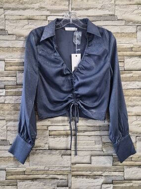 ​LUSH Cropped Blouse Women Small Steel Blue Metallic Satin Ruched Shimmer Party
